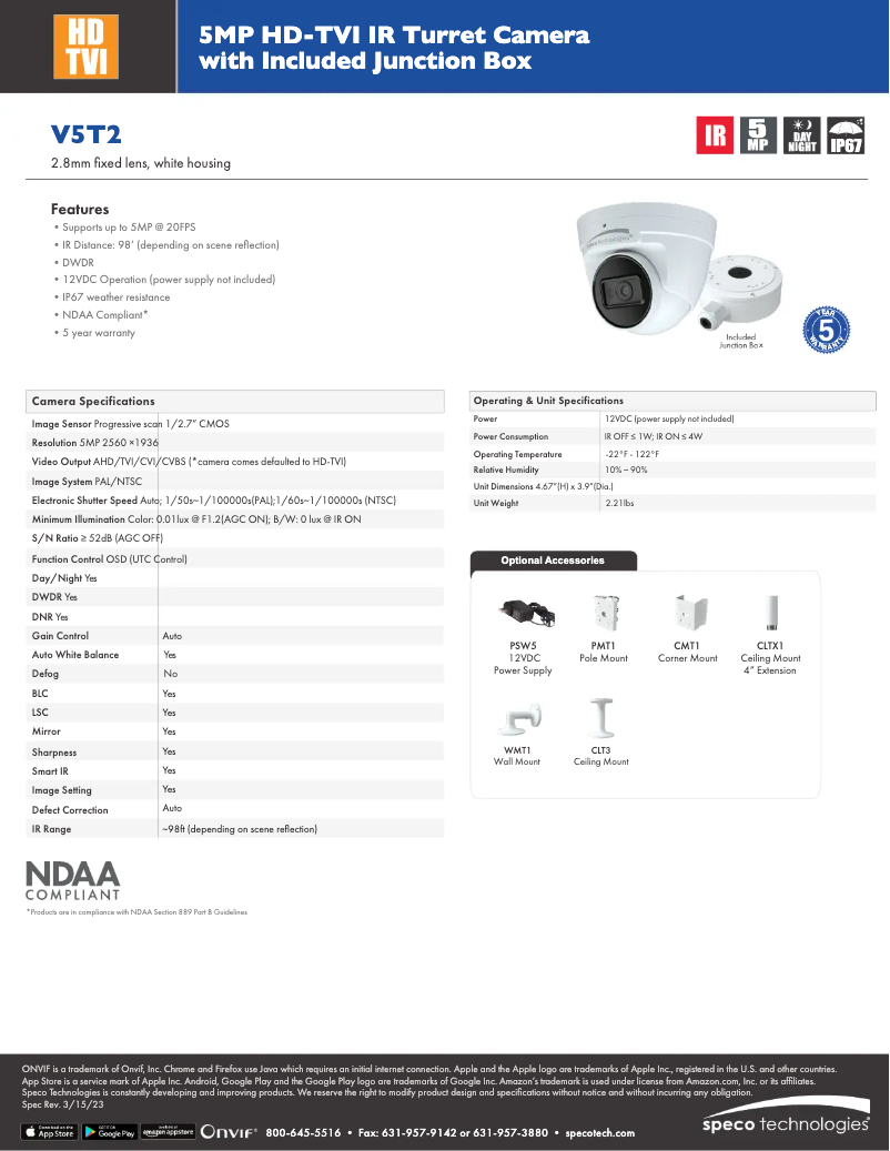 Page n°1 - Fiche technique Speco Technologies V5T2