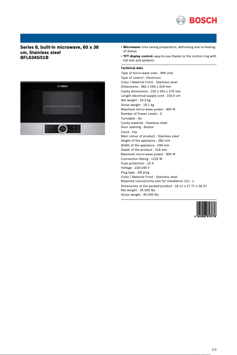 Page 1 de la notice Fiche technique Bosch BFL634GS1