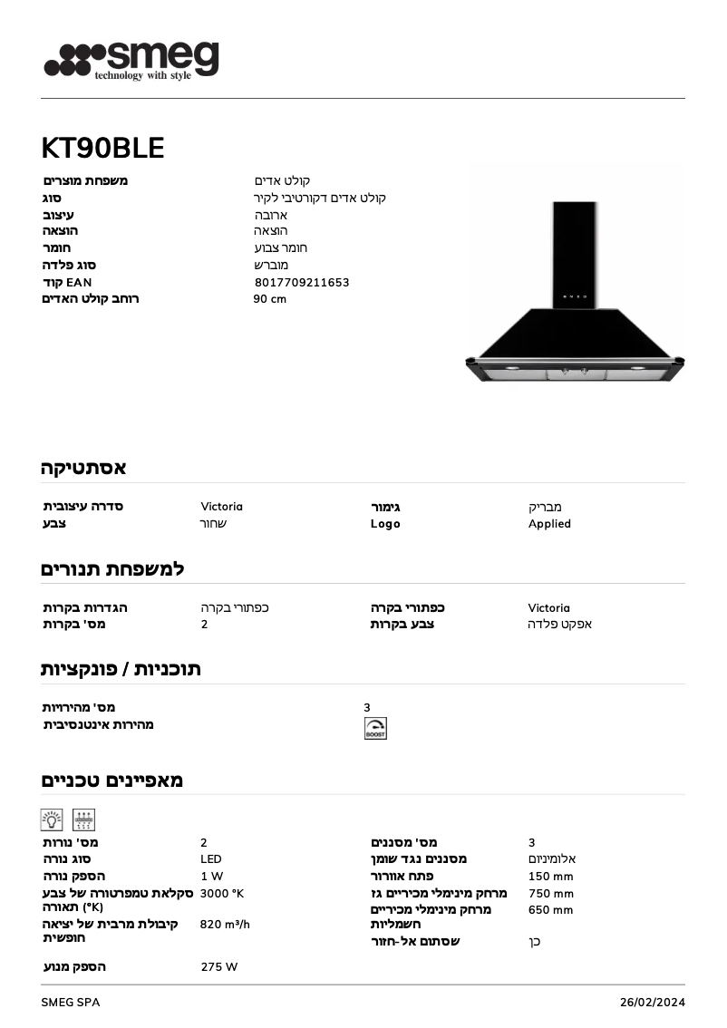 Page 1 de la notice Fiche technique Smeg KT90BLE