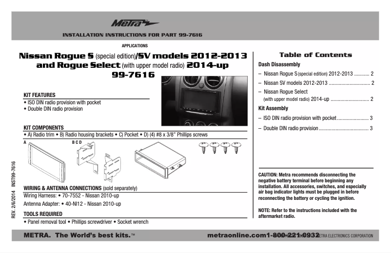 Page n°1 - Guide d'installation Metra 99-7616