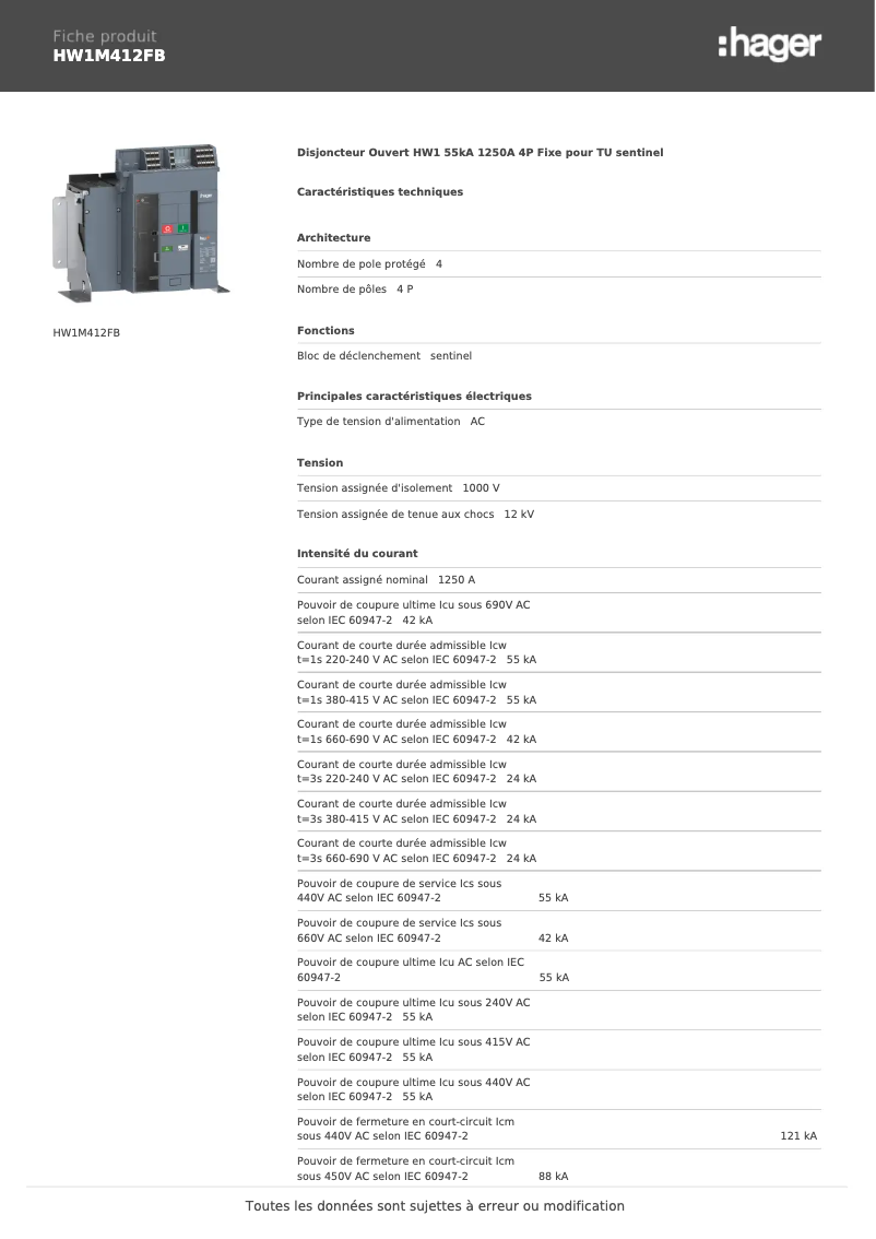 Page n°1 - Fiche technique Hager HW1M412FB