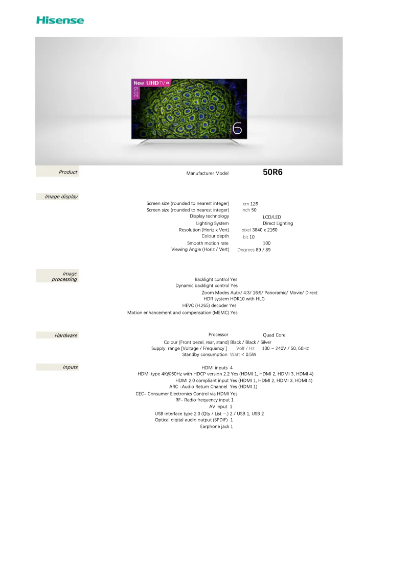 Page n°1 - Fiche technique Hisense 50R6