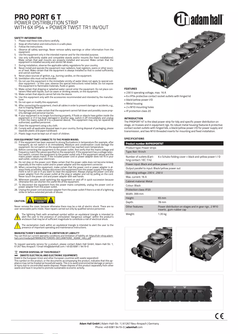 Page n°1 - Fiche technique Adam Hall AHPROPORT6T