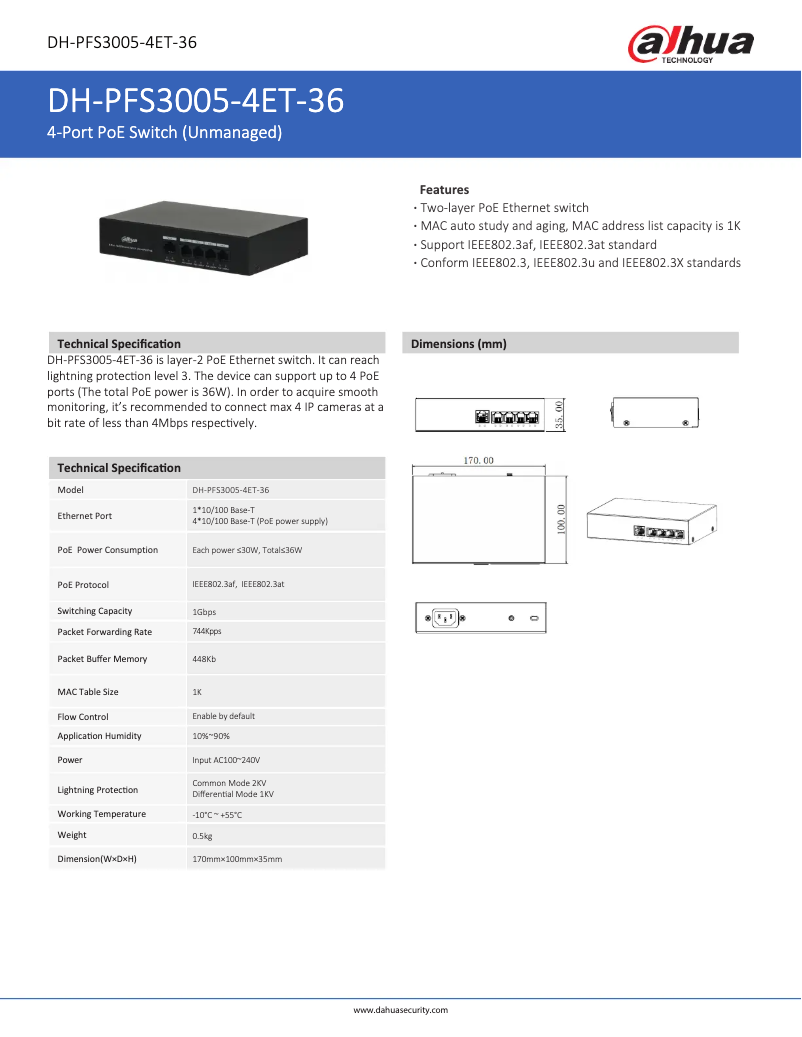 Page 1 de la notice Fiche technique Dahua Technology PFS3005-4ET-36