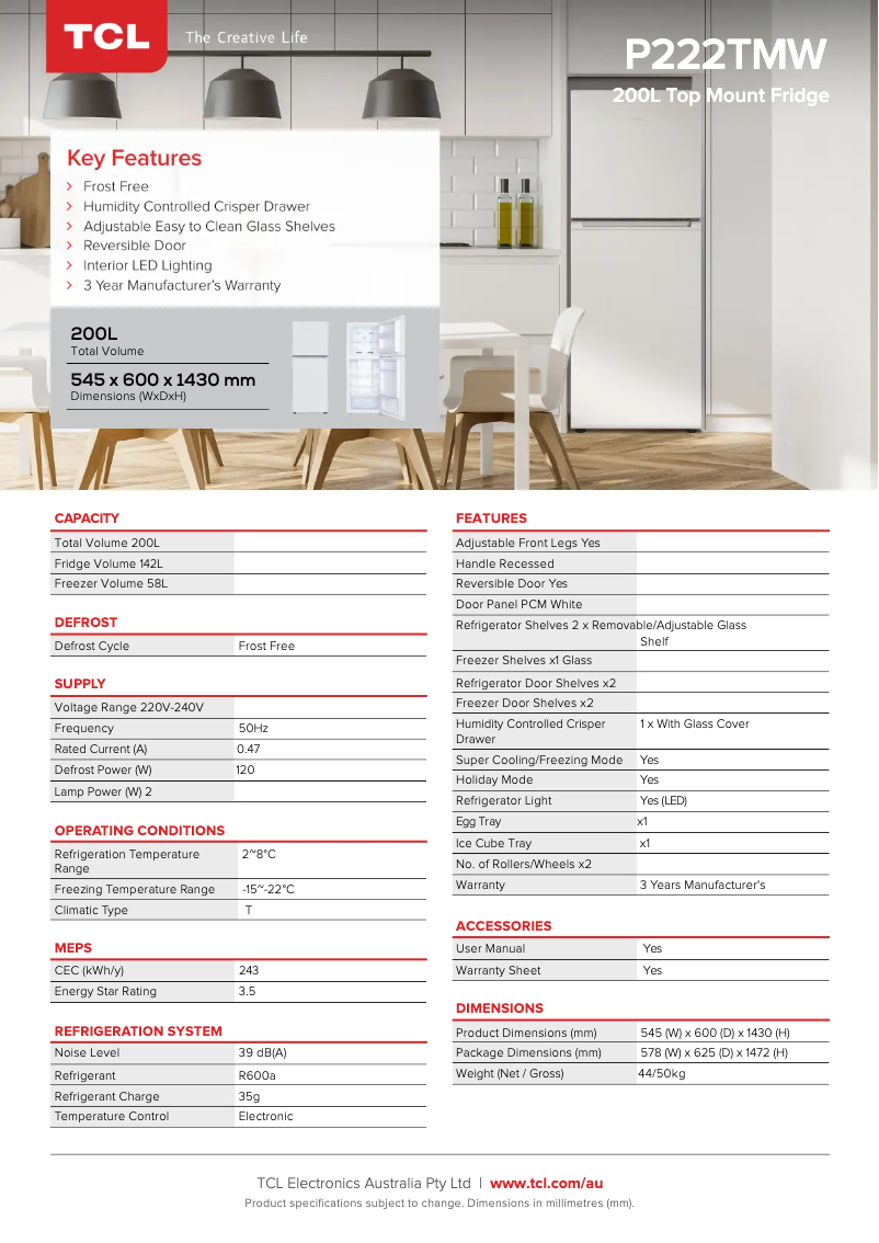 Page 1 de la notice Fiche technique TCL P222TMW