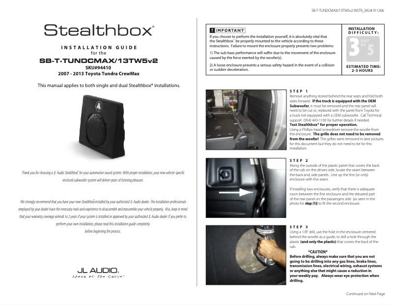 Page 1 de la notice Manuel utilisateur JL Audio Stealthbox SB-T-TUNDCMAX/13TW5v2