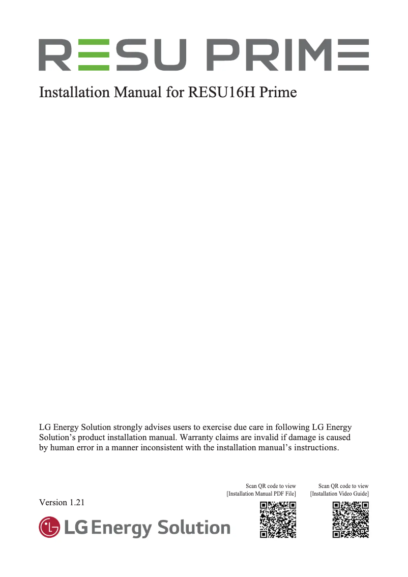 Page 1 de la notice Manuel utilisateur LG RESU16H Prime
