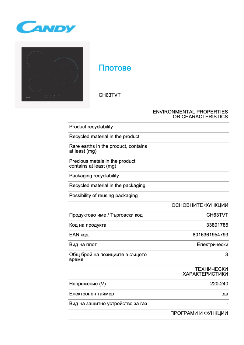 Page 1 de la notice Fiche technique Candy CH63TVT