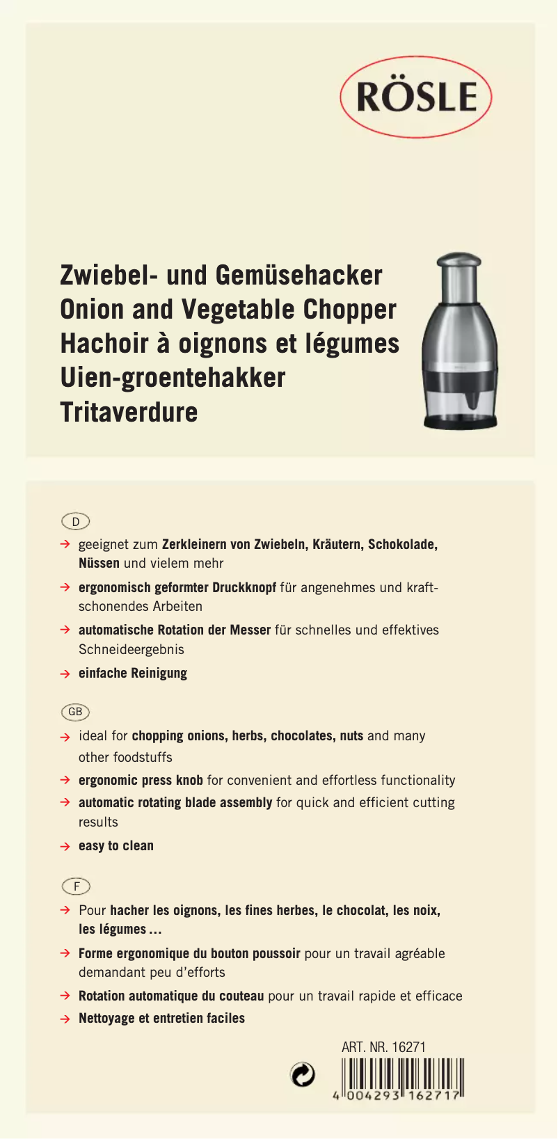 Page 1 de la notice Manuel utilisateur Rösle 16271