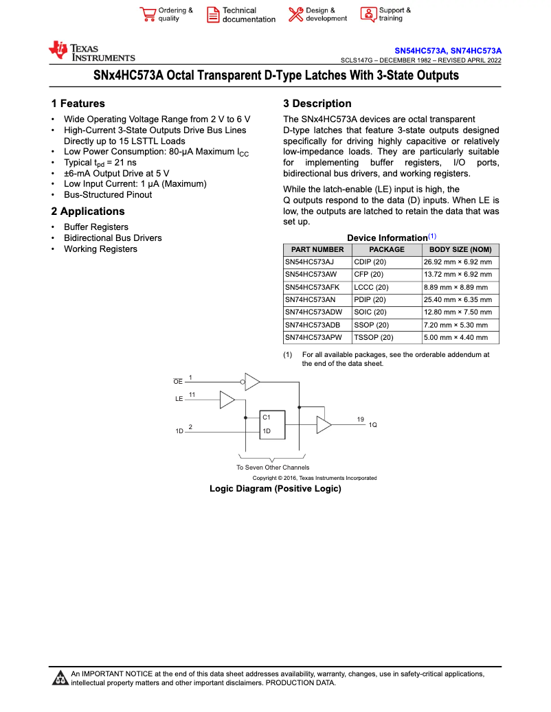 Page 1 de la notice Manuel utilisateur Texas Instruments SN74HC573AN