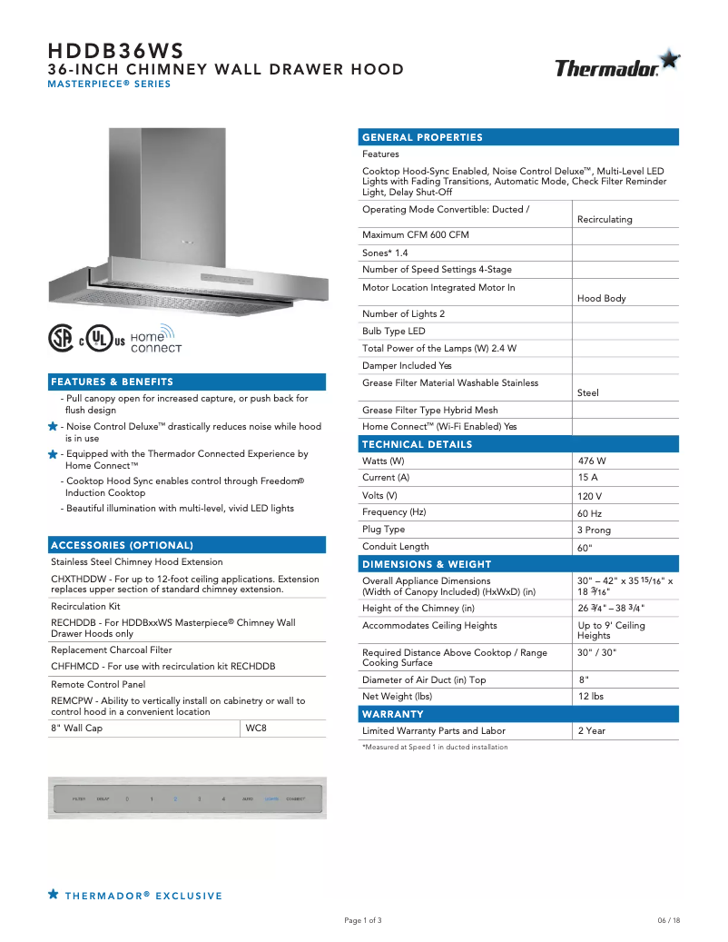 Page n°1 - Fiche technique Thermador HDDB36WS