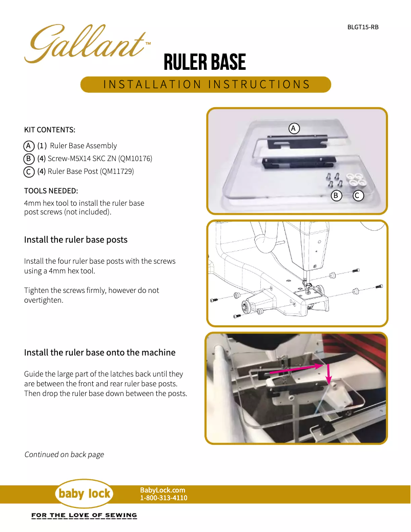 Page 1 de la notice Guide d'installation Baby Lock Gallant XL Longarm