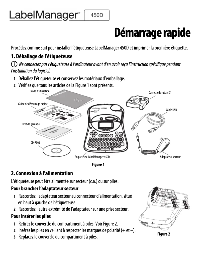 Page 1 de la notice Guide de démarrage rapide Dymo LabelManager 450D