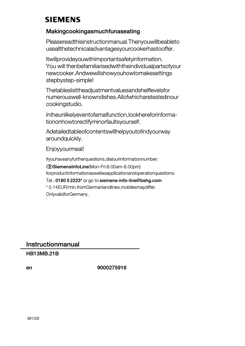 Page n°1 - Manuel utilisateur Siemens HB13MB221B