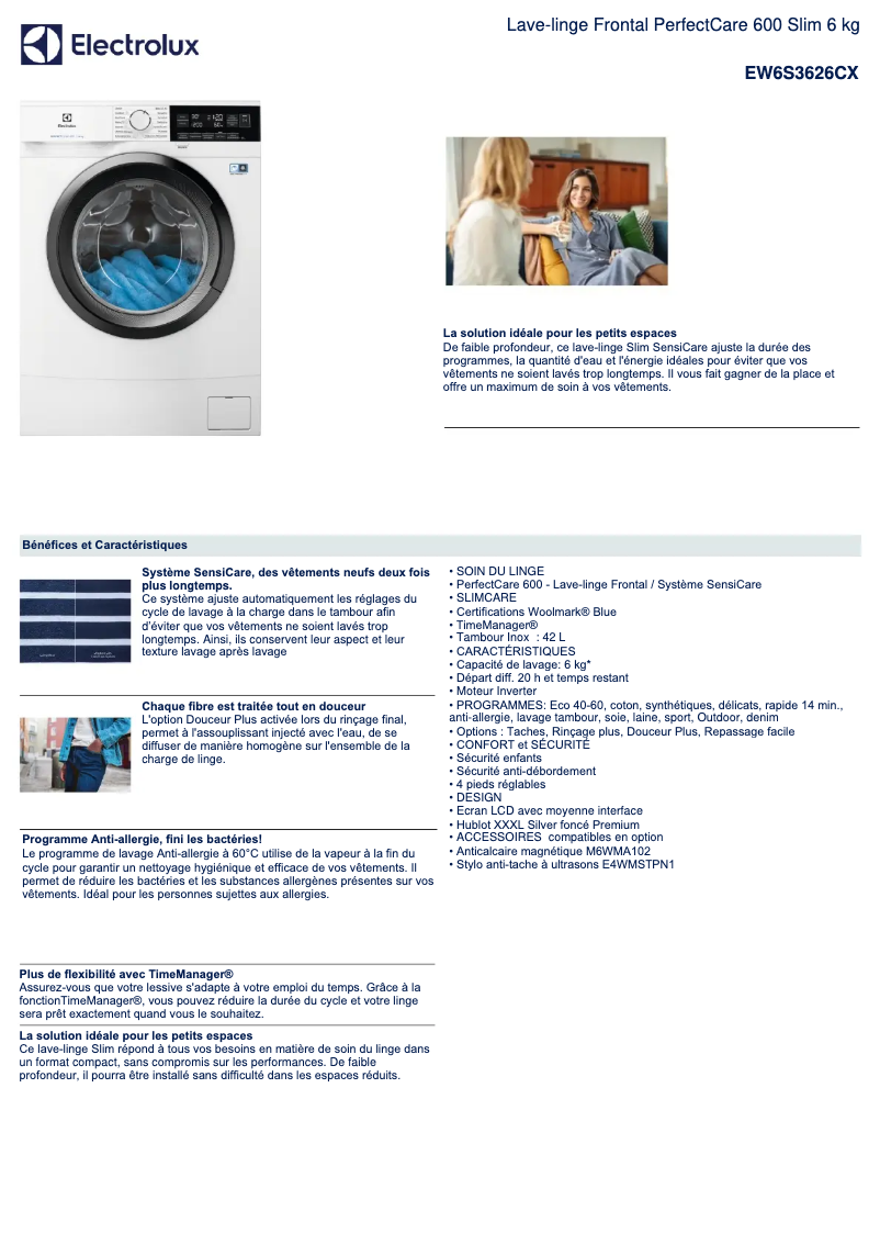 Page n°1 - Fiche technique Electrolux EW6S3626CX