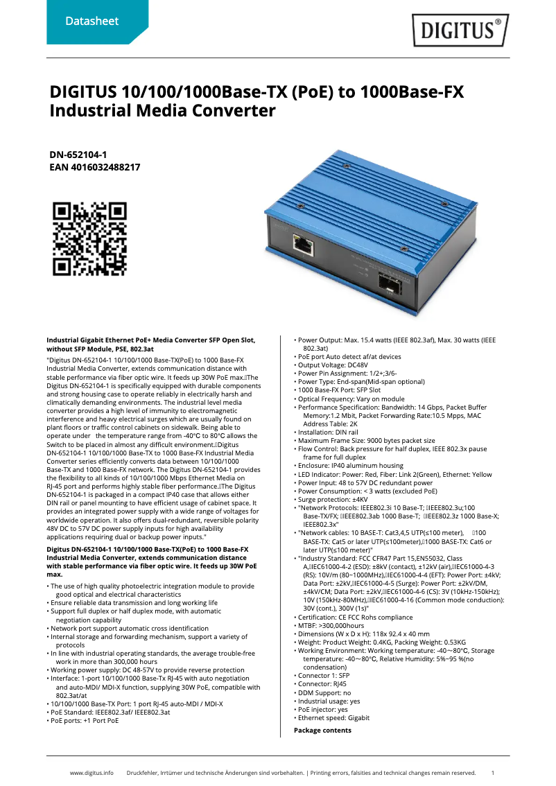 Page 1 de la notice Fiche technique Digitus DN-652104-1