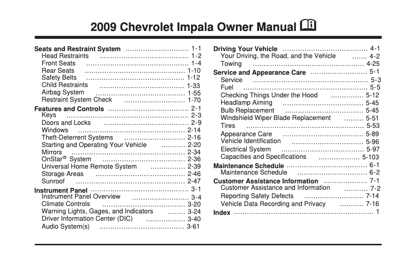Page 1 de la notice Manuel utilisateur Chevrolet Impala (2009)