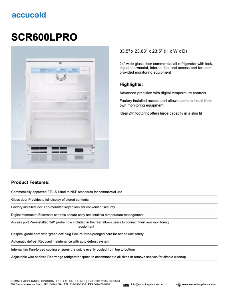 Page 1 de la notice Brochure Accucold SCR600LPROADA