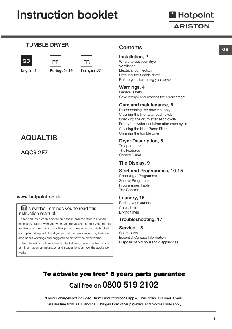 Page 1 de la notice Manuel utilisateur Hotpoint Ariston Aqualtis AQC9 2F7