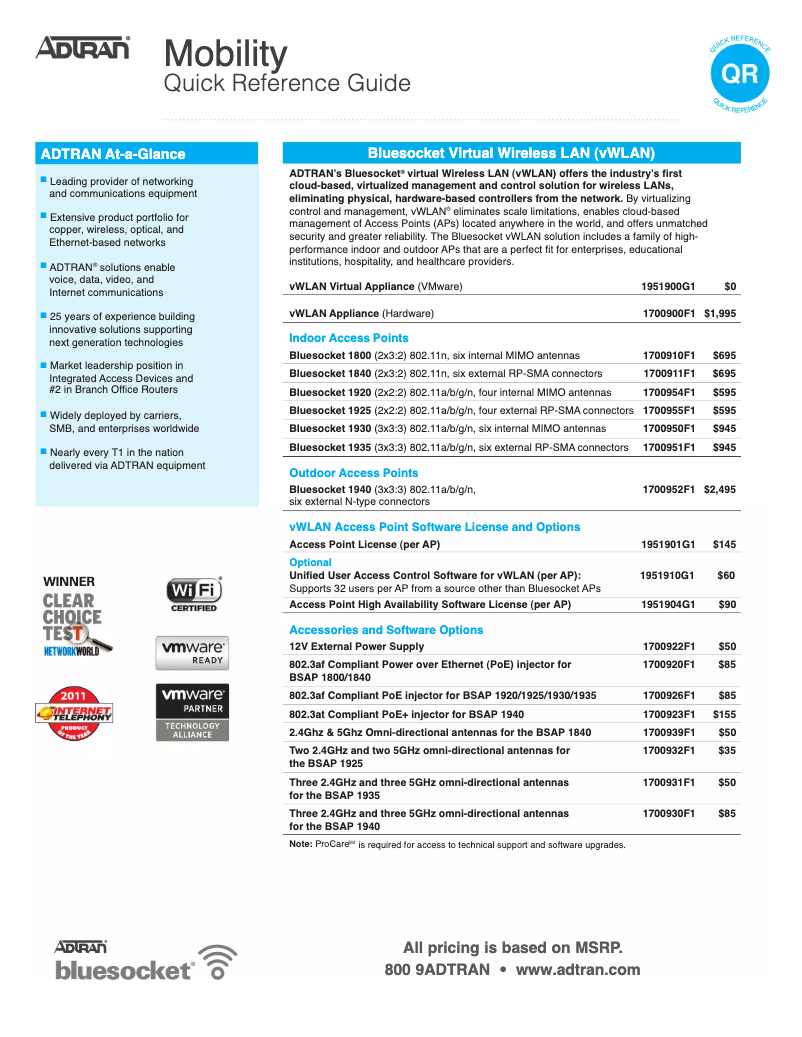 Page 1 de la notice Manuel utilisateur Adtran Bluesocket 1920