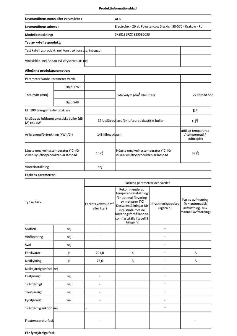 Page 1 de la notice Fiche technique AEG SKS818EPZC