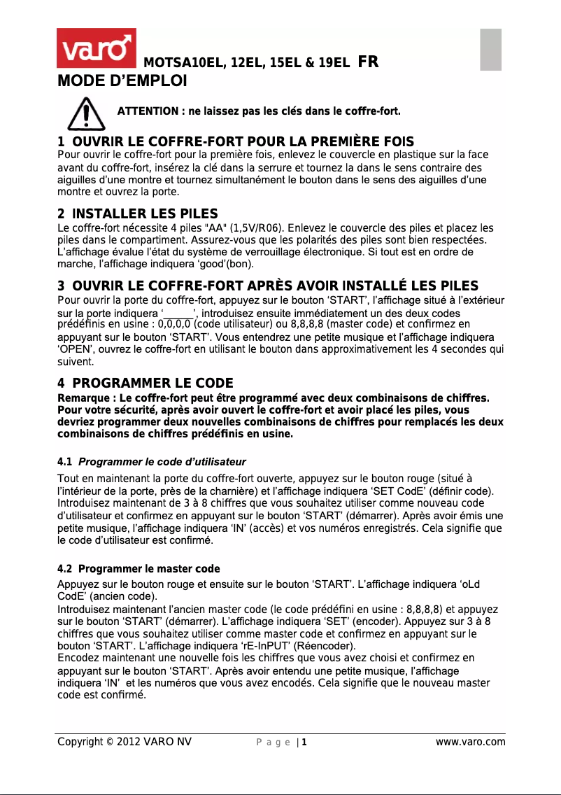 Page 1 de la notice Manuel utilisateur VARO MOTSA15EL