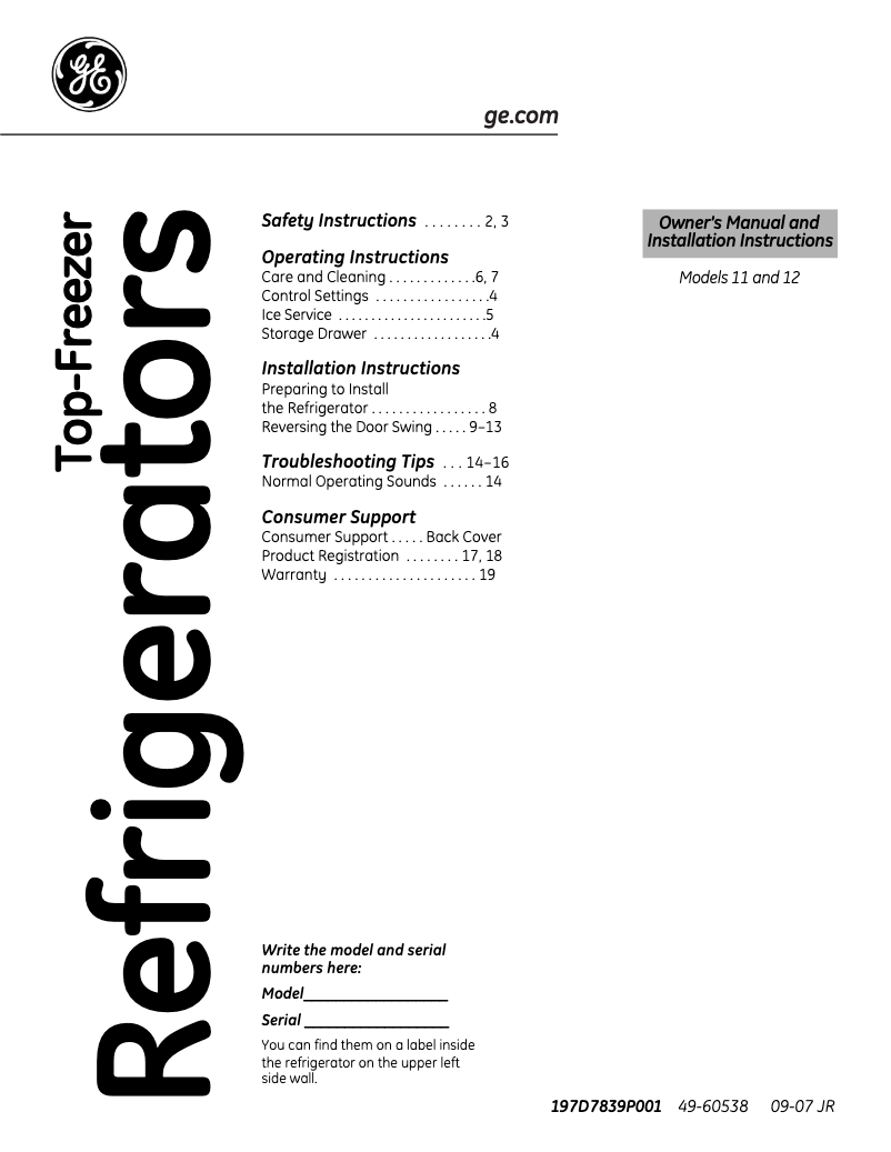 Page n°1 - Guide d'installation GE GTS12BBPLWW