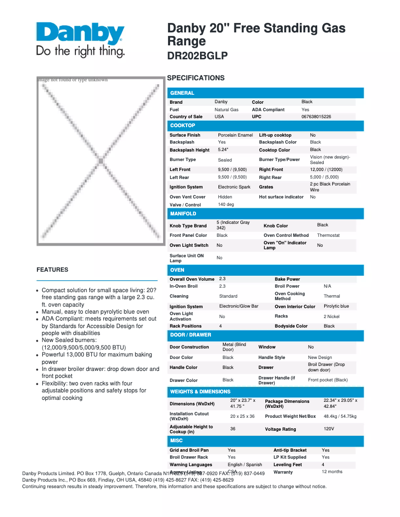 Page 1 de la notice Fiche technique Danby DR202BGLP