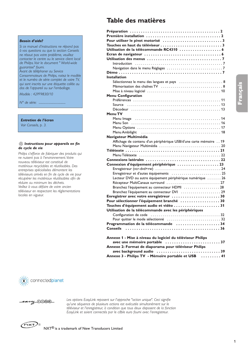 Page 1 de la notice Manuel utilisateur Philips Cineos 42PF9830