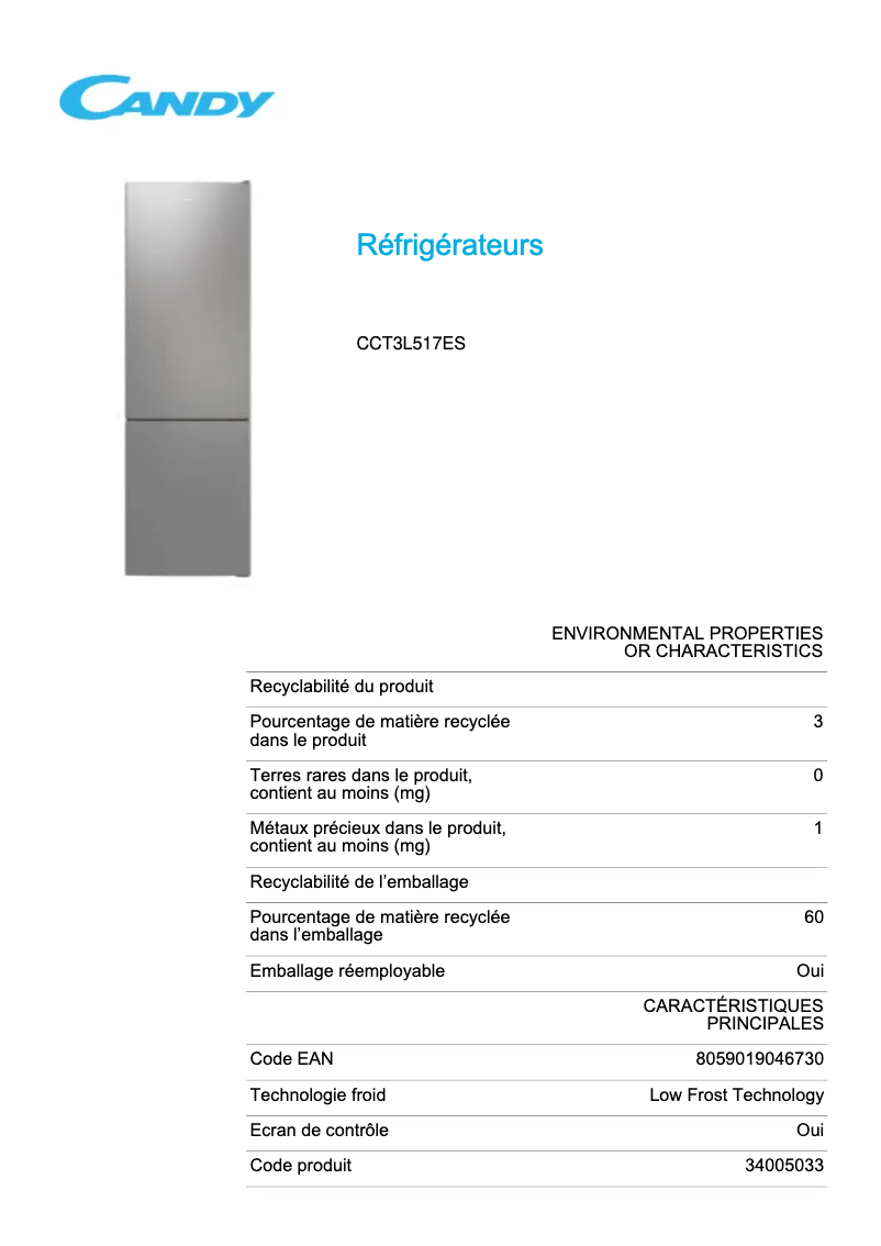 Page 1 de la notice Fiche technique Candy CCT3L517ES