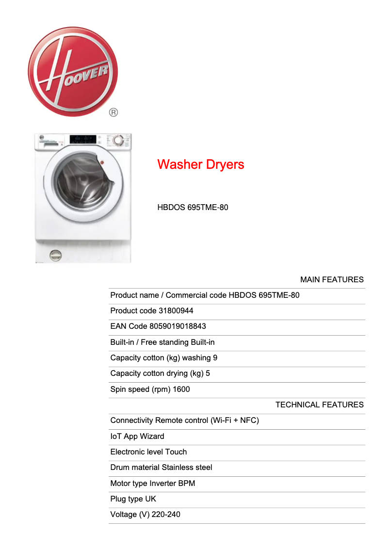 Page n°1 - Fiche technique Hoover HBDOS 695TME-80