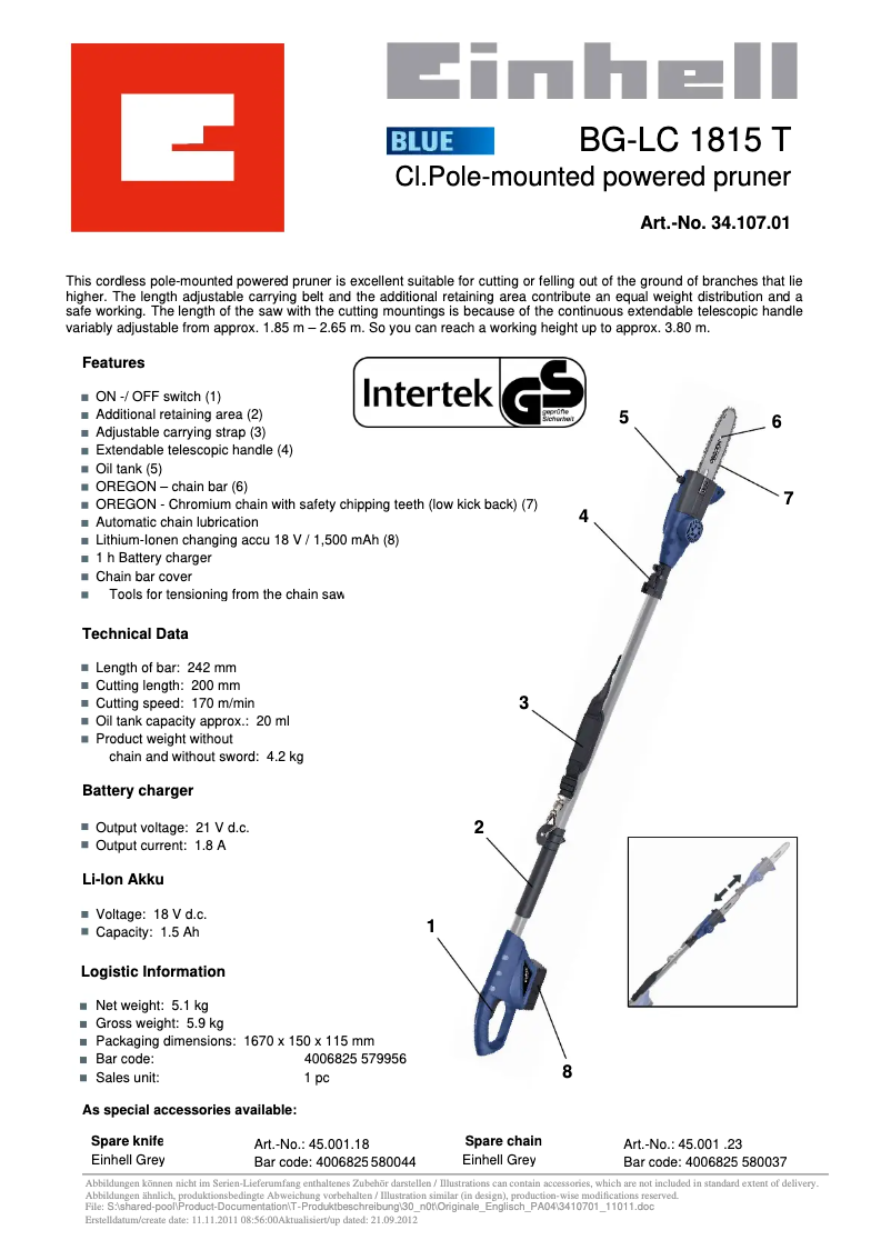 Page n°1 - Fiche technique Einhell BG-LC 1815 T