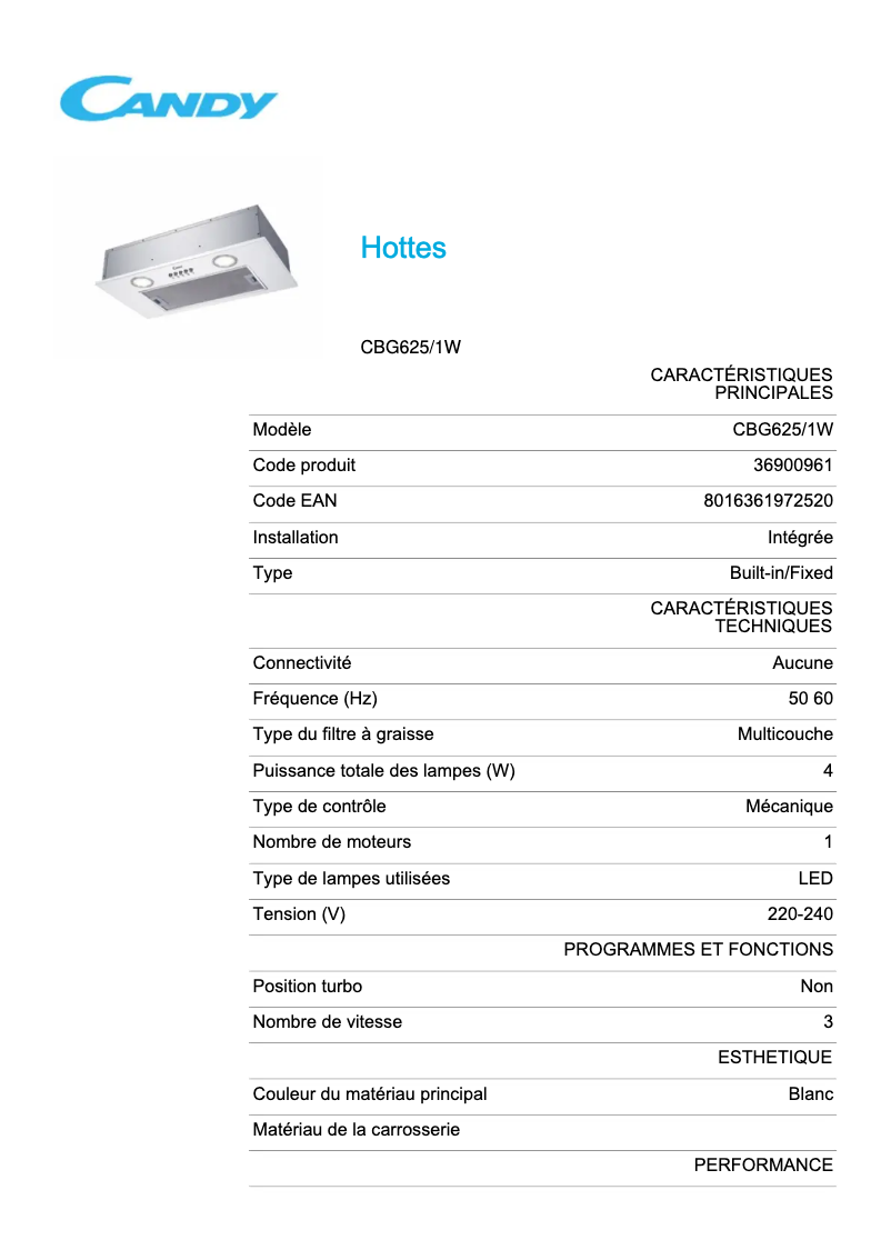 Page 1 de la notice Fiche technique Candy CBG625/1W