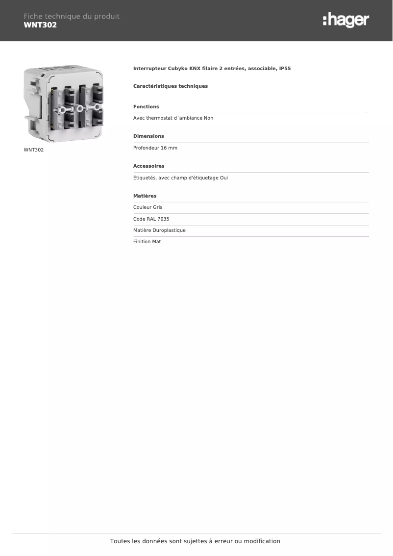 Page n°1 - Fiche technique Hager WNT302