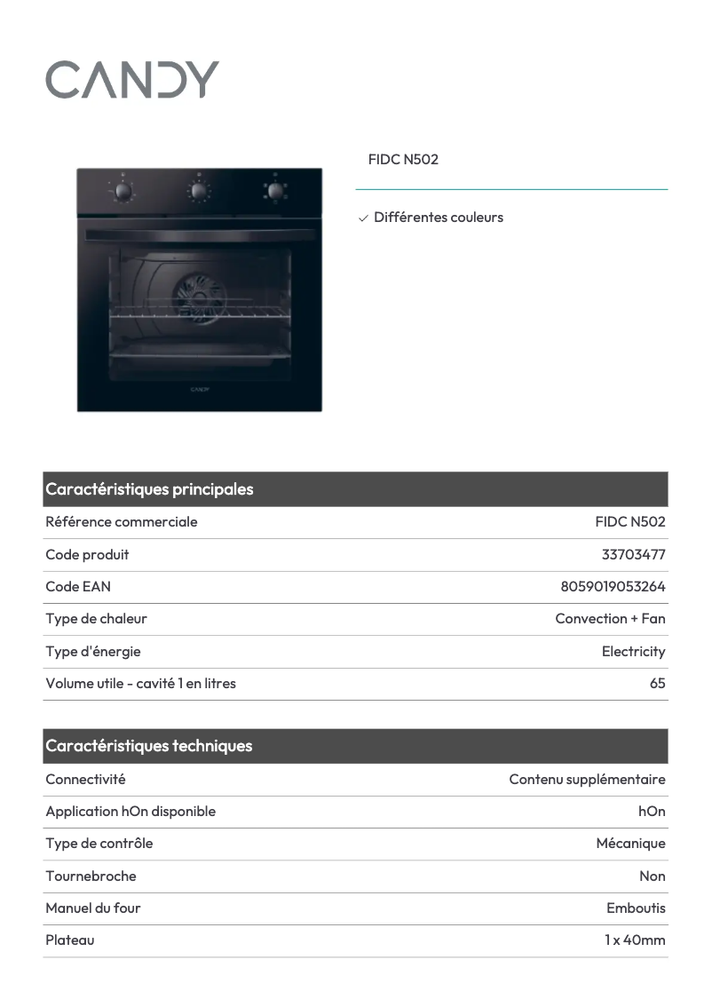Page 1 de la notice Fiche technique Candy FIDC N502