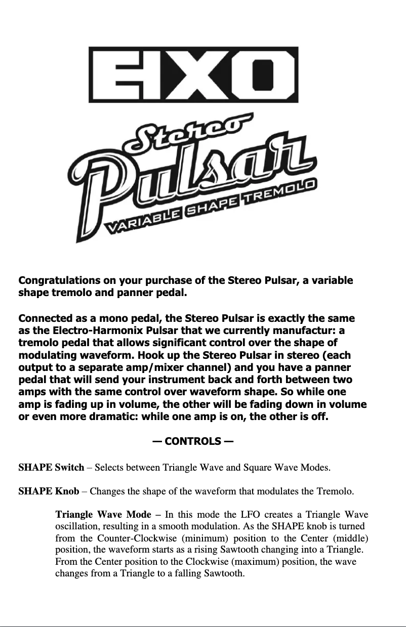 Page 1 de la notice Manuel utilisateur Electro Harmonix Stereo Pulsar