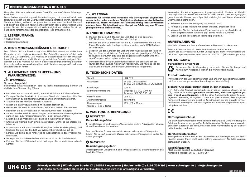Page n°1 - Manuel utilisateur Schwaiger UH4 013