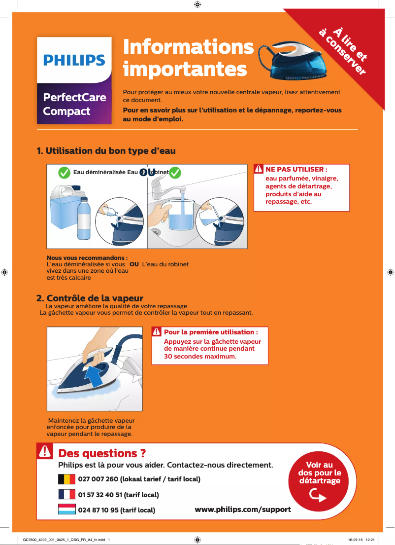 Page 1 de la notice Guide de démarrage rapide Philips PerfectCare Compact GC7807