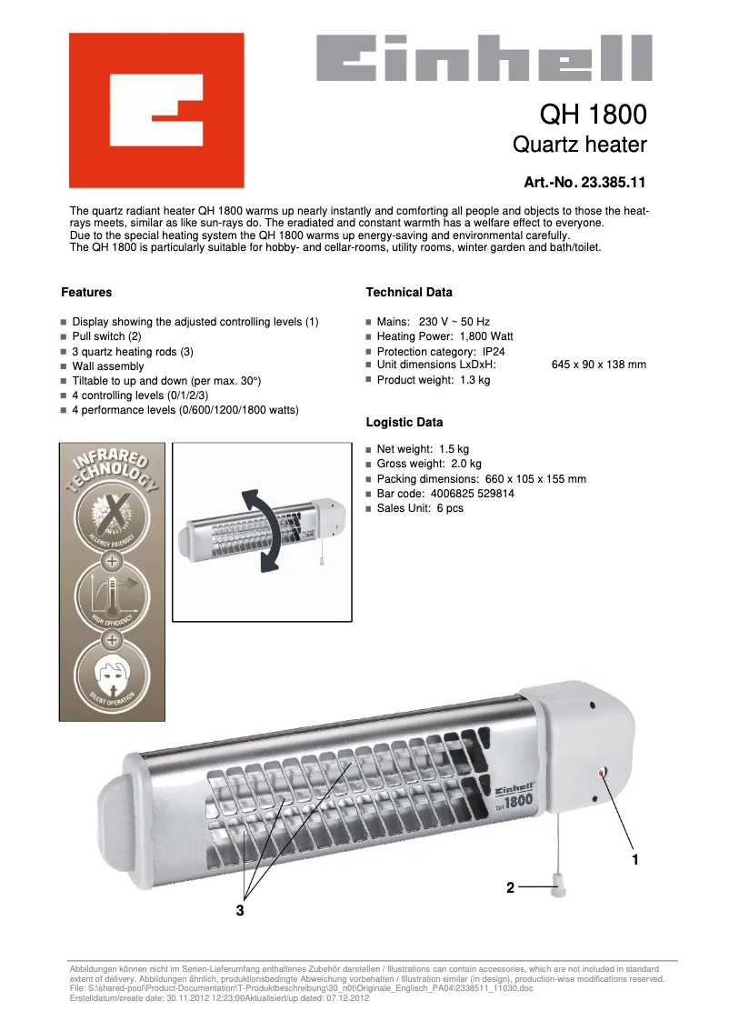 Page n°1 - Fiche technique Einhell QH 1800