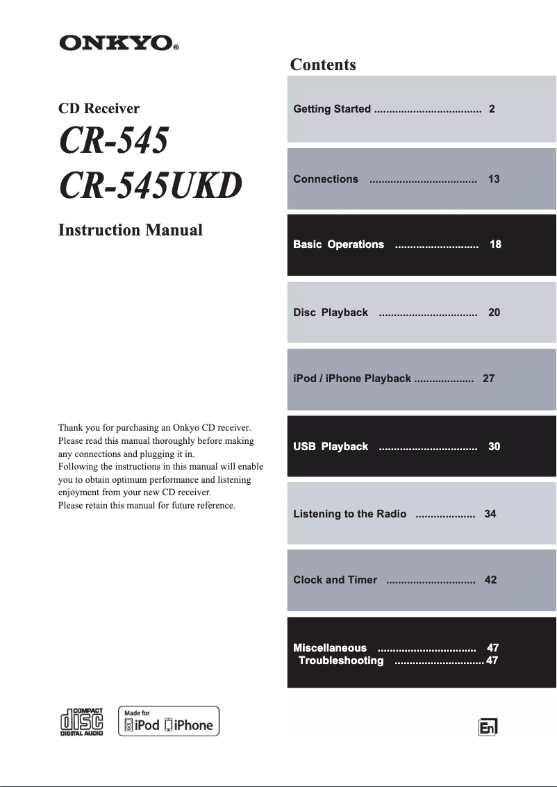 Page n°1 - Manuel utilisateur Onkyo CR-545