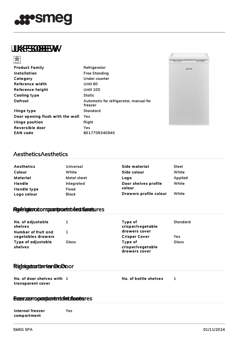 Page 1 de la notice Fiche technique Smeg UKFS08EW