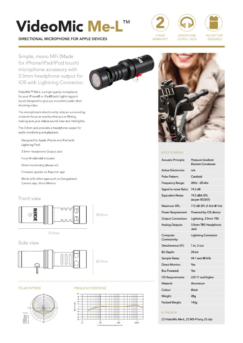 Page n°1 - Fiche technique Røde VideoMic Me-L