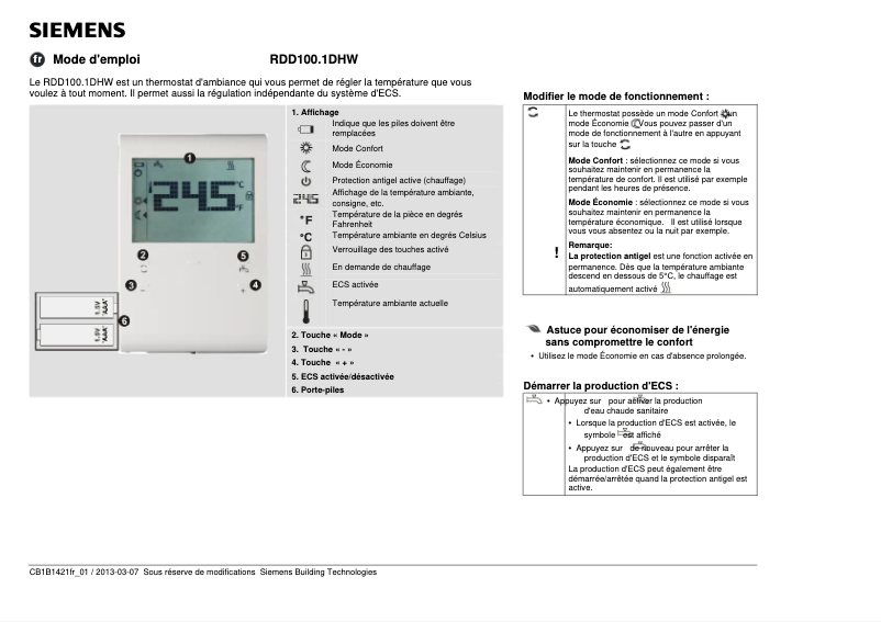 Page n°1 - Manuel utilisateur Siemens RDD100.1DHW