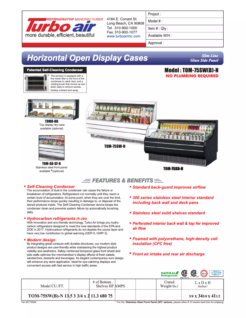 Page 1 de la notice Fiche technique Turbo air TOM-75S