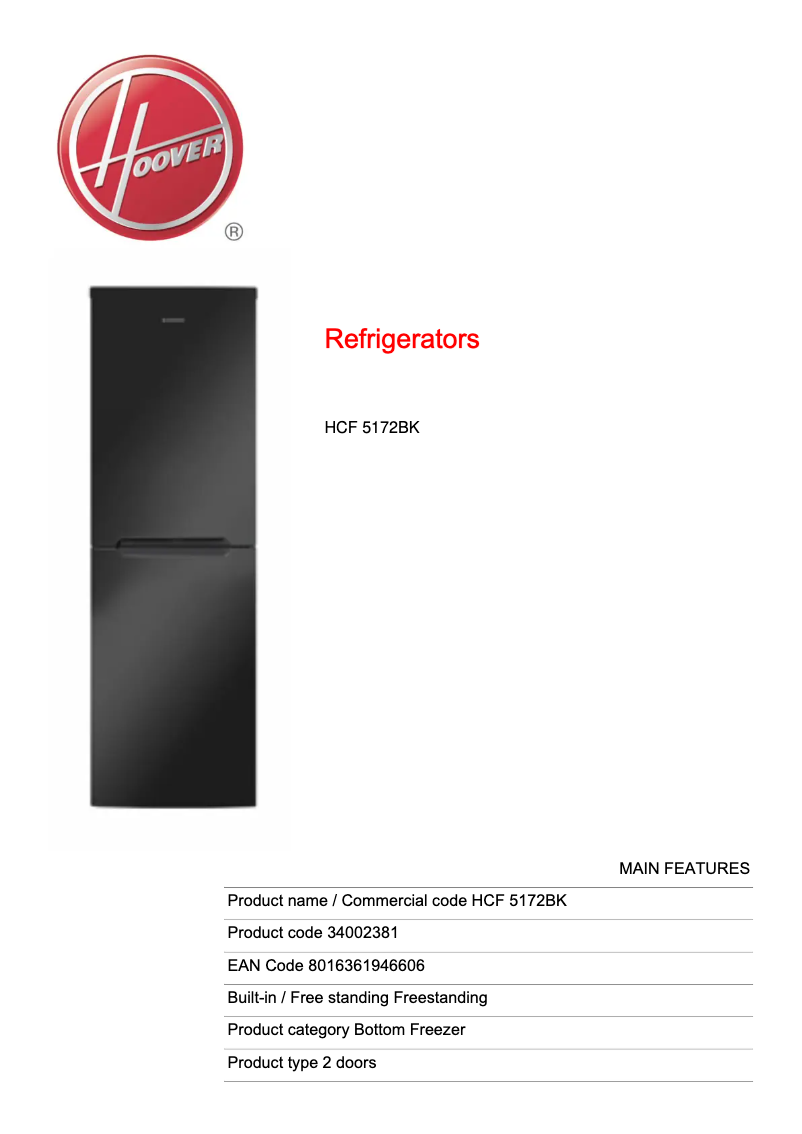 Page 1 de la notice Fiche technique Hoover HCF 5172BK