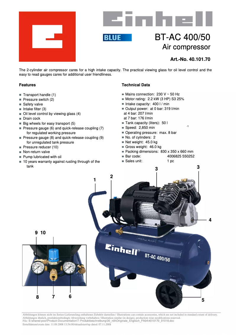 Page n°1 - Fiche technique Einhell BT-AC 400/50