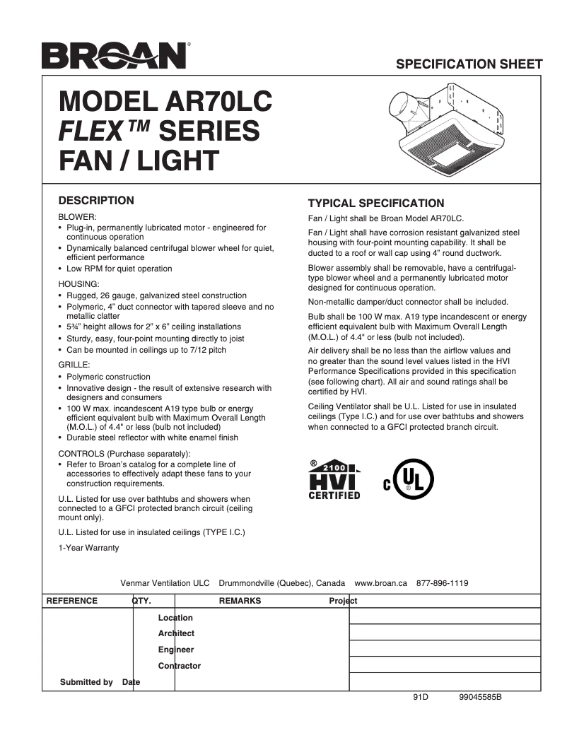 Page 1 de la notice Fiche technique Broan AR70LC
