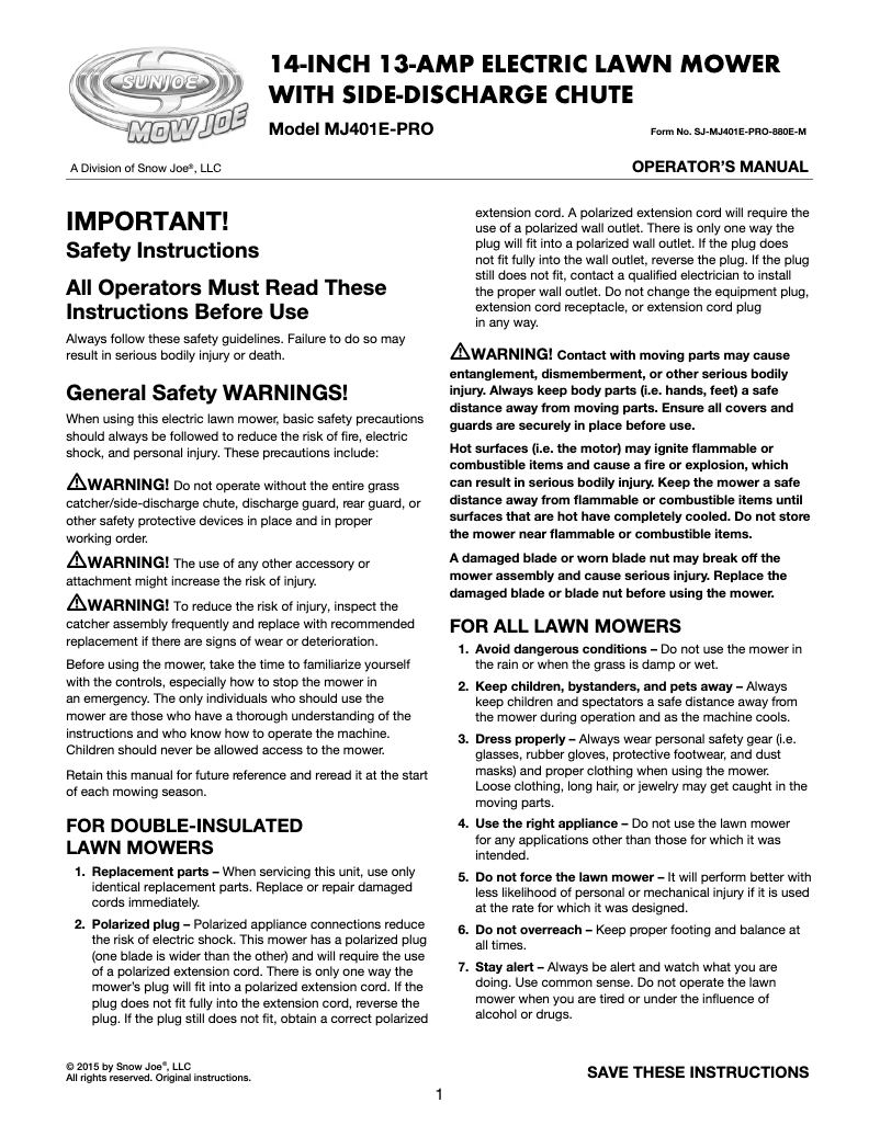 Page 1 de la notice Manuel utilisateur Snow Joe MJ401E-PRO