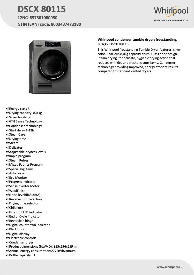 Page n°1 - Fiche technique Whirlpool DSCX 80115