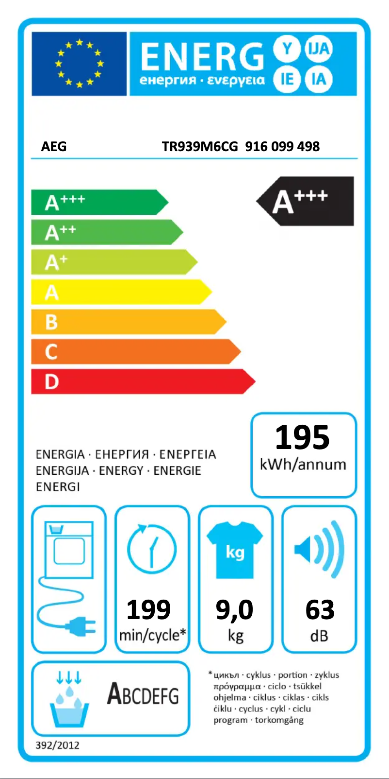 Page n°1 - Label énergétique AEG TR939M6CG